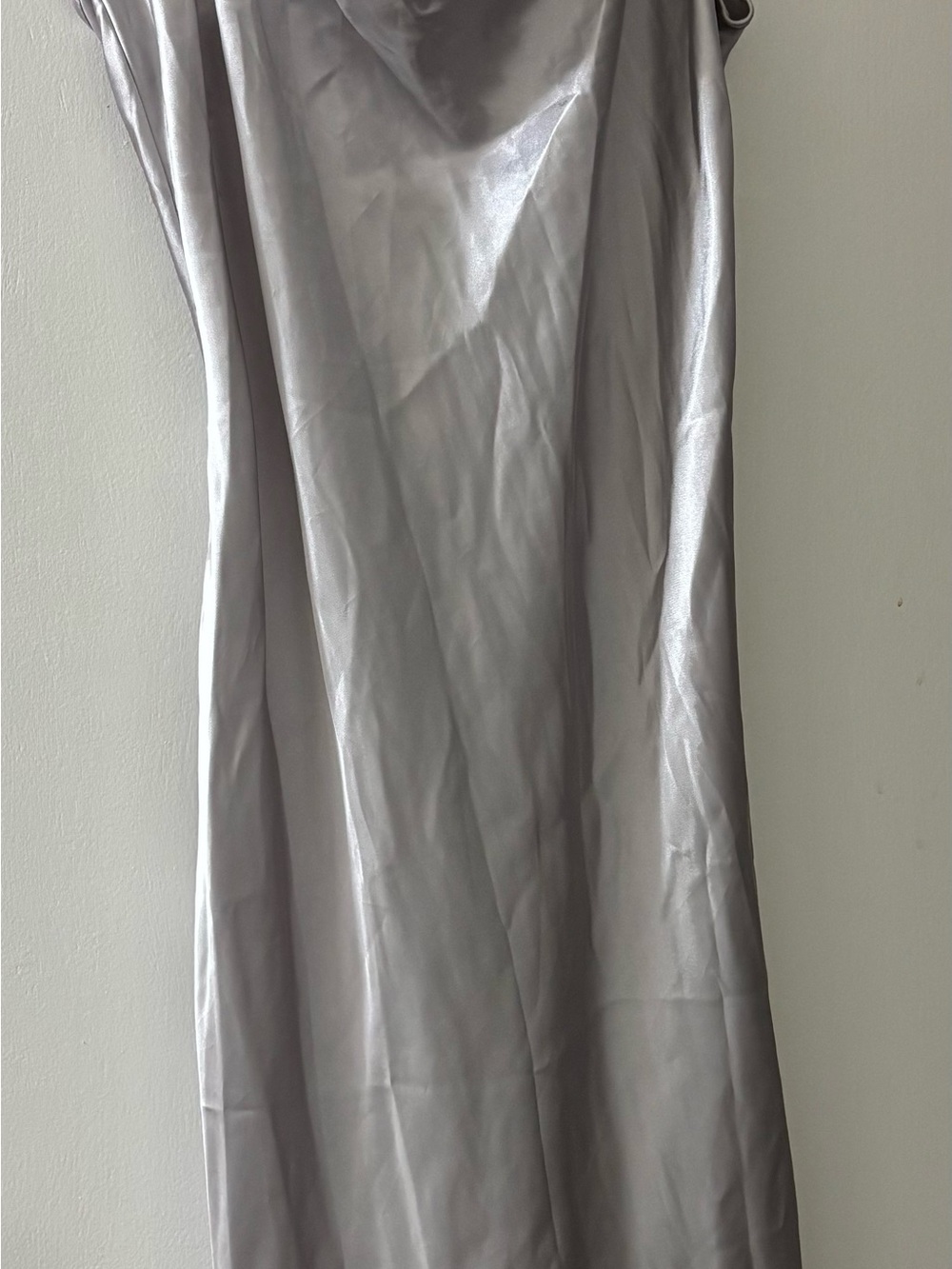 bebe Silver Satin Midi Dress with cowl neck and spaghetti straps Sz L